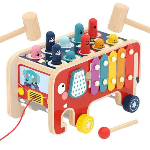知育玩具 プロ推薦 木製おもちゃ 1歳 2歳 3歳 赤ちゃん 積み木 ハンマートイ 鉄琴 ブロック 5in1多機能玩具 指先訓練 男の子/女の子 誕生日プレゼント 出産祝い 入園お祝いギフト (レッド)