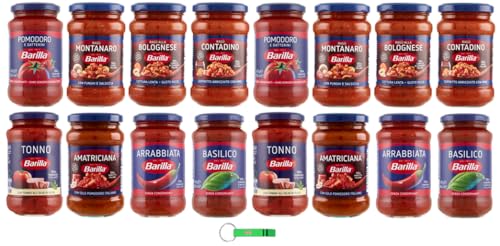 Barilla Pastasauce Testpaket Sugo Italienisches Ragout Sauce mit Tomaten und Fleisch 8 Verschiedene Geschmacksrichtungen (8x400g + 8x300g) + Beni Culinari Kostenloser Schlüsselanhänger