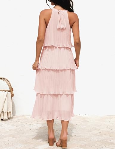Image of ZESICA Women's 2026 Summer Sleeveless Halter Neck Ruffle Tiered Layered Chiffon Flowy Swing Long Midi Dress