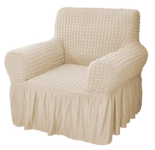 Image of House of Quirk Turkish Bubble Frill 280 GSM Sofa Slipcovers, Durable Washable Universal Single Seater High Elastic Furniture Protector (Beige, 90-145cm)
