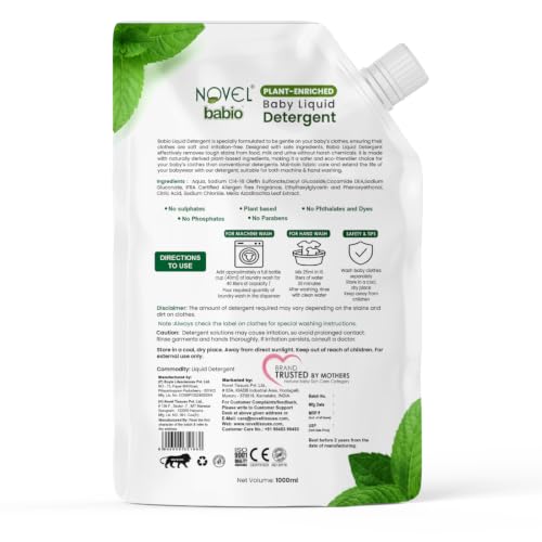 Image of Novel Plant Enriched Baby Liquid Detergent Refill Pack 1000ml | Neem & Coconut Cleansers | pH Balanced | No Phosphates, Sulphates, Parabens, Phthalates & Dyes | IFRA Allergen-Free Fragrance