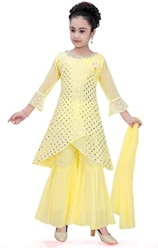 CLOTH ADDA Ethnic Indian Girls Kurta Plazzao Dress Set, Thread Sequin Embriodery, Size 3 Years to 16 Years