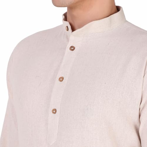 Image of Amazon Brand - Anarva Men's Handloom Cotton Solid Kurta Long Sleeves Straight Knee Length Long Shirt