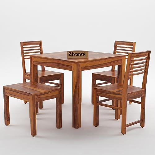 Image of Sheesham Wood Dining Table 4 Seater | Square Four Seater Dinning Table with 3 Chairs & 1 Bench for Home | Wooden Kitchen Dinner Table 4 Seater | Dining Room Sets for Restaurants | Teak Finish