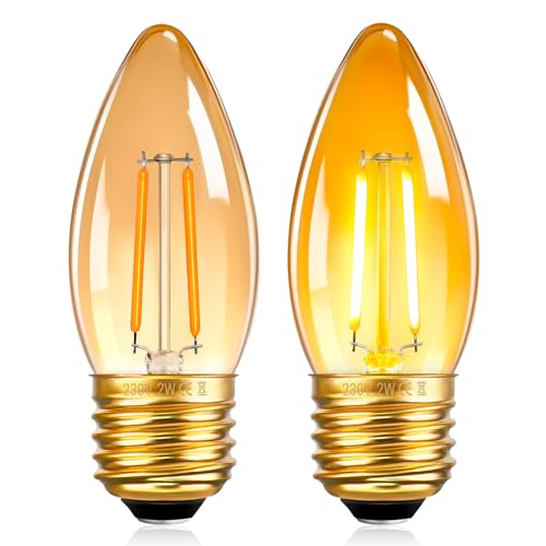 SCNNC Lampadine LED E27 Luce Calda Vintage Candela C35 2W 2200K Fiamma Ambra, Non Dimmerabile, Lampadina Filamento Vintage E27 C35 per Lampadari, 2 Pezzi