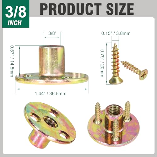 fodau770 3834-16 brad hole t-nut with screws zinc plated carbon steel 3-hole t-nuts insert female thread mounting fastener for wood furniture and diy project - 16 set 64 pieces