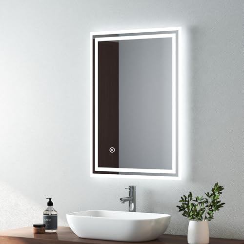 EMKE Bathroom Mirror with LED Lights - 500x700mm fBacklit LED Illuminated Bathroom Mirror Wall Mounted, Heated Demister Pad/Touch Control/Memory Function, Vertical/Horizontal, IP44