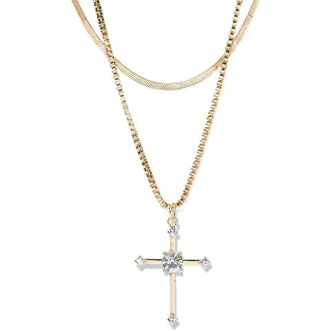 Cross Layered Choker Necklace for Women 18K Gold Plated Double Chain with Stack Jew...