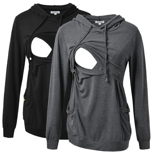 GINKANA Womens Nursing Hoodie Top Sweatshirt Long Sleeve Button Decoration Pockets Shirts Tunic Top