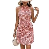 LIGHT DOT Women's Summer Dress Dot Print Halter Neck Tie Waist Casual Zipper Back Sundress Vacation Beach (Pink, L)