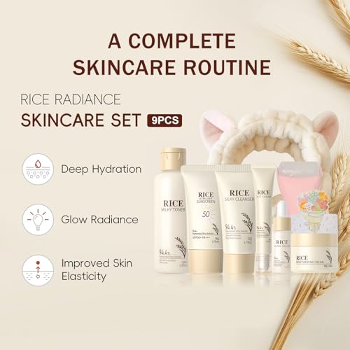 Rice Skincare Set for Women & Girls – Korean Skin Care Set with Rice Cleanser, Toner, Serum, Face Cream, Eye Cream, Sunscreen, Ice Roller, Headband & Card – Moisturizing & Skin Barrier Support (9PCS) - Thumbnail 2