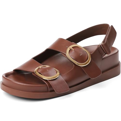 Lovee Cosee Brown Flat Sandals for Women with Arch Support Cushioned Footbed Open Toe Double Buckle Adjustable Hook-Loop Breathable Summer Shoes Dress Casual Beach Pool Party Size 8