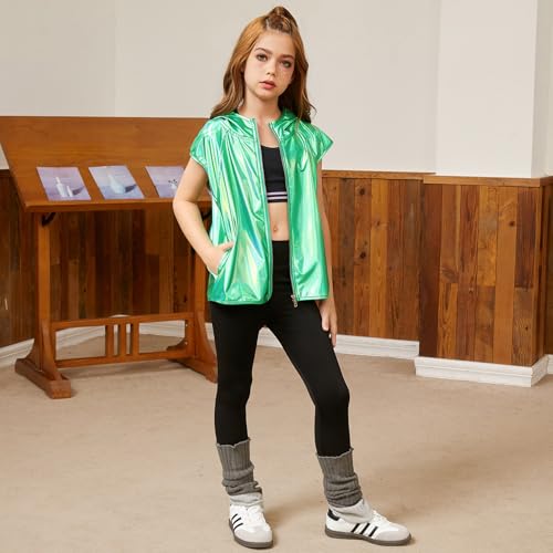 Image of Jxstar Girls Metallic Hoodie Vest Kids Shiny Zip Up Outfit Sleeveless Disco Shirt with Pocket