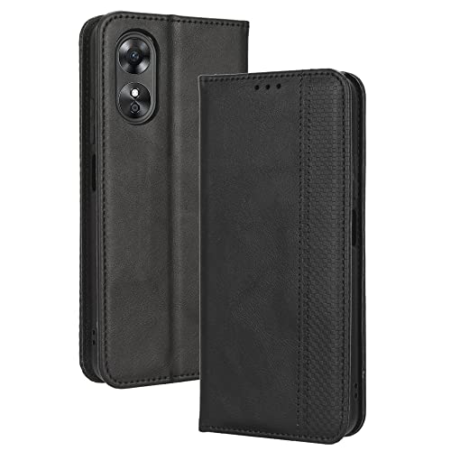 COMAKU Coque en Rétro Cuir pour Oppo A17, Premium Etui en Pochette avec Fentes pour Cartes et Espèces - Noir Cover