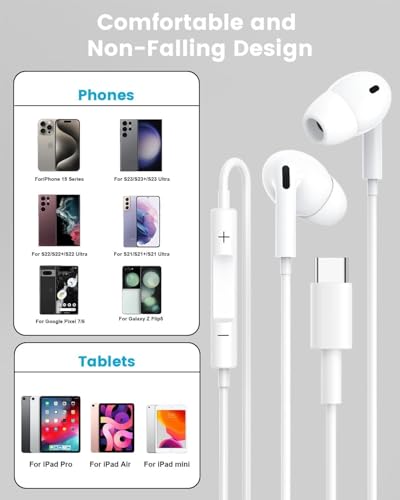 YABABU USB C Headphones,In Ear Type C Wired Earphones for iPhone 15 ProMax 15 Pro Plus,HiFi Stereo Noise Cancellation Earbuds with Mic&Volume Control for iPad Pro/Air/Mini, Galaxy,Huawei,Google
