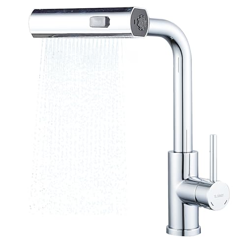 BELZ Miscelatore da cucina estraibile, girevole a 360°, rubinetto a cascata antispruzzo, in acciaio inox, caldo e freddo, cromato (cromato)