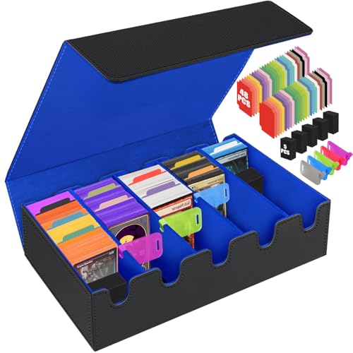 Image of AOBOPLE Trading Card Storage Box,3500+ Card Box Storage with 48 Dividers and 10 Card Supporters PU Leather Magnetic Cards Deck Case for MTG,TCG,Magic and Sport Cards (Black Blue)