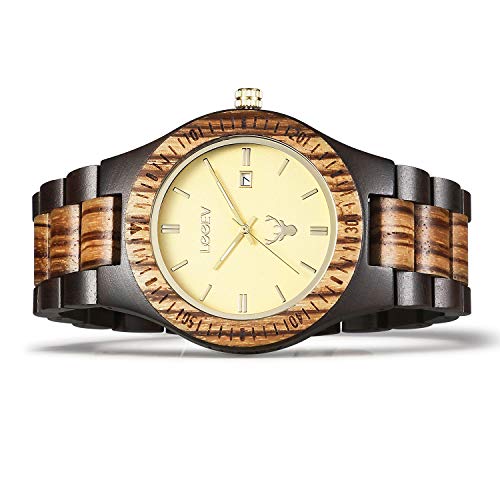 Leeev Wooden Watches, Uwood Series Zebra Sandalwood Japanese Quartz Analog Watch For Men With Calendar Unisex Wristwatch #TOP3