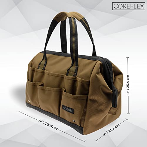 Coreflex 14Inch Wide-Mouth Tool Bag, Multiple Purpose - For Plumbers, Electricians, Handymen Also Good For Daily Use, Office Use And Camping. Premium Heavy Duty 900D Polyester Fabric (Tan) #TOP2