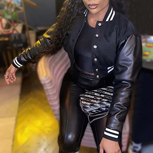 Xaspee Women's Casual Baseball Jacket Faux Leather Colorblock Button Crop Bomber Jacket3