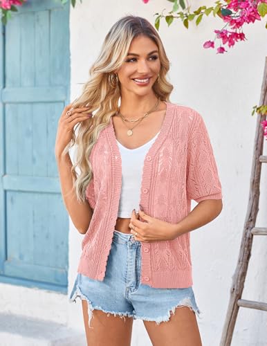 Image of Yekaty Womens 2026 Short Sleeve Crochet Summer Cardigan Cropped Button Sweater Lightweight Shrug for Dress