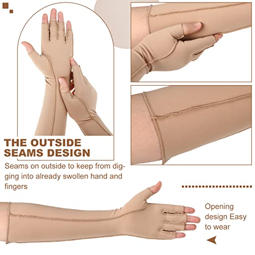 Janmercy 3 Pairs Arthritis Compression Gloves Outside Seams Fingerless Compression Gloves for Women Men Carpal Tunnel Swelling (Nude, Extended)
