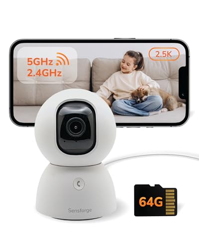 Sensforge 2.5K Indoor Pan-Tilt Dome Security Camera, AI Human & Pet Detection, 360° Coverage, Two-Way Audio, Dual-Band Wi-Fi (2.4G/5G), 64GB SD Card Included, No Monthly Fees
