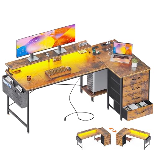 Odk Escritorio Esquinero Reversible, Mesa Gaming L Con Led, Escritorio Con Puerto De Carga Usb Y Toma De Corriente, Mesa De Ordenador En Forma De L Con 4 Cajónpara Hogar, Marrón,160x80x84.7cm Odk Escritorio Esquinero Reversible, Mesa Gaming L Con Led, Escritorio Con Puerto De Carga Usb Y Toma De Corriente, Mesa De Ordenador En Forma De L Con 4 Cajónpara Hogar, Marrón,160x80x84.7cm