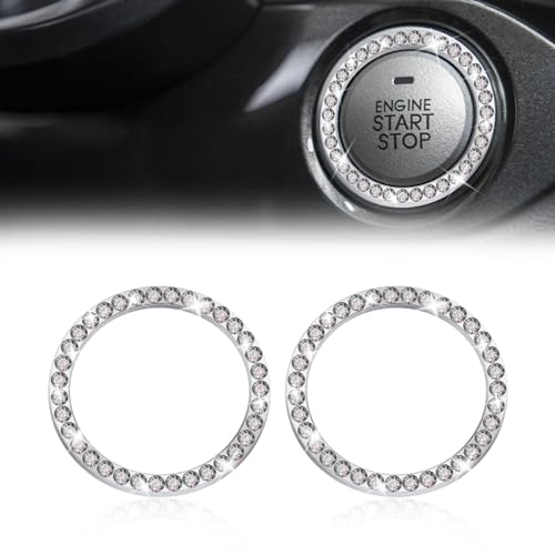 Image of 2 Pcs Crystal Rhinestone Car Engine Start Stop Decoration Ring, Push to Start Button Cover, Bling Car Accessories for Women, Key Lgnition Starter Knob Ring (White)