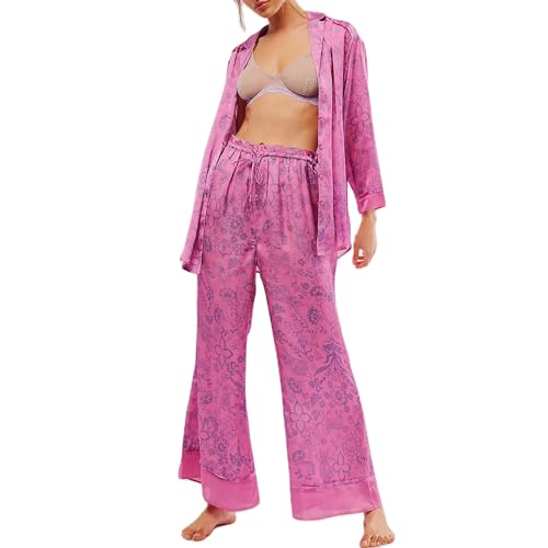Image of Women Satin Pajama Set Floral Silk Pajamas 2 Piece Lounge Sets Button Down Shirts Wide Leg Pants Pjs Sleepwear