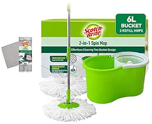 Scotch-Brite 2-in-1 Bucket Spin Mop (Green, 2 Refills) & Microfiber Polishing Wipe (Grey) Combo