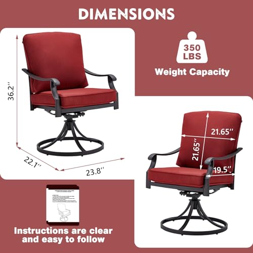 MELLCOM Patio Swivel Chair Set of 2, Heavy Duty Outdoor Dining Chairs with Thickened Cushions, Metal Patio Chairs Gentle Rocker for Outside, Garden Lawn & Porch, Backyard, Red