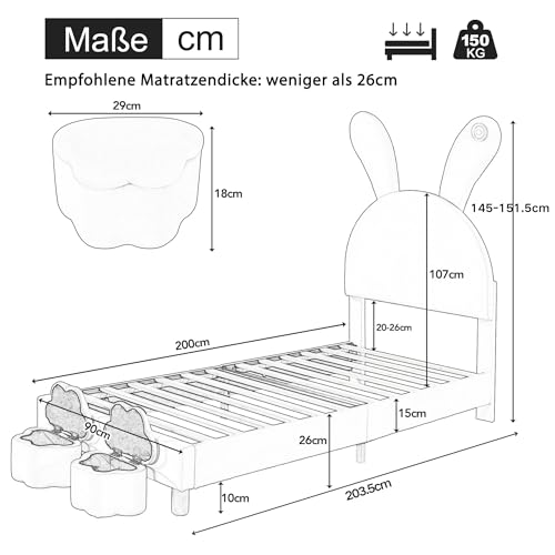 HaoChrymec Cama Tapizada de Terciopelo con LED y Orejas Plegables, 2 Baúles de Almacenaje, Cama Juvenil con Somier y Cabecero Ajustable, Dormitorio Infantil, Rosa, 90 x 200 cm - imagen 2