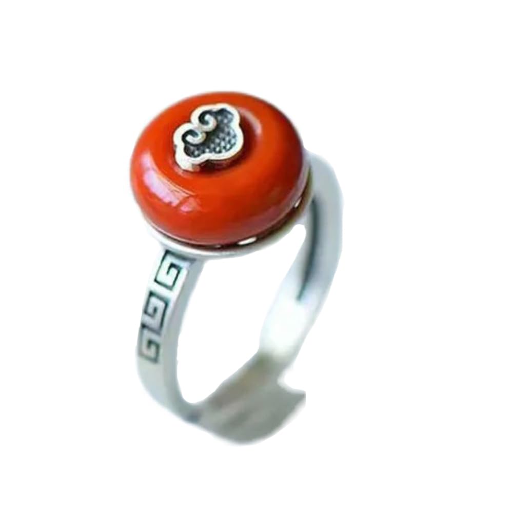 HMJGDHX S925 Silber mit natürlicher jaderoter Ping-An-Schnalle, verheißungsvoller Wolkenring (Öffnung verstellbar) für Damen, echt