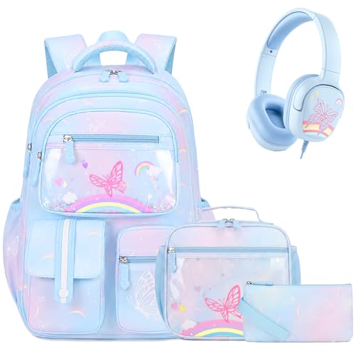 ACESAK 4PCS Rainbow Backpack for Girls with Lunch Bag & Headphones,Blue