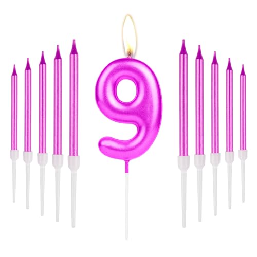 Metallic Hot Pink Number 9 Birthday Candles Set,Pearl Thin Long Cake Topper Candles for Girls 9th Birthday Party Decorations