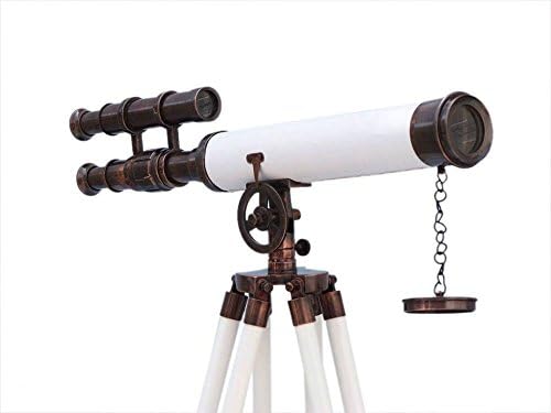 Brass Antique Double Barrel Telescope White Leather Wrapped Griffith Astro with Wooden Tripod Stand (18") | Vintage-Inspired Telescope for Gift, Child, and Home Décor