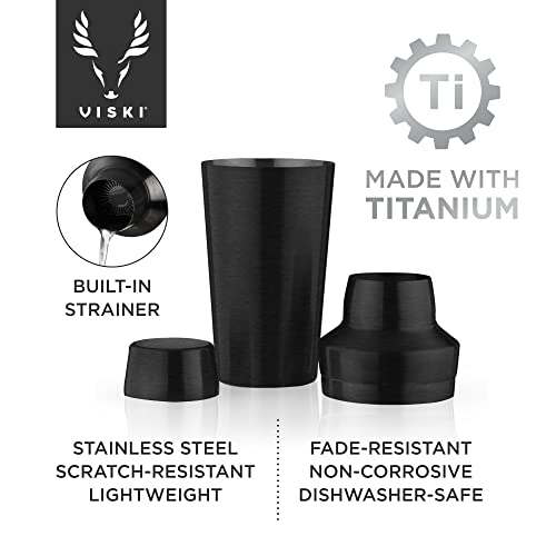 Viski Titanium Cocktail Shaker, Cobbler Shaker with Brushed Finish, Built-In Strainer and Cap, 18.5 Oz, Set of 1, Black