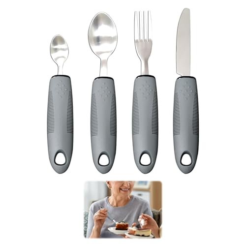 Easy Grip Cutlery, 4 Pcs Wide Straight Handles Adaptive Cutlery with Knife Fork Spoon, Cutlery for Arthritic Hands,Cutlery for Disabled Hands, Parkinsons Cutlery for Adults Elderly Ideal Dining Aids