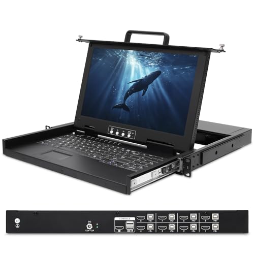 Image of 1U Rack Mount KVM Console - 8 Port HDMI KVM Switch with 15.6 inch 1080P Rack Mounted Monitor Keyboard Mouse, 50,000 MTBF, Fit 19'' Rack, OSD Hotkey Button Switching, Short Depth LCD KVM Drawer