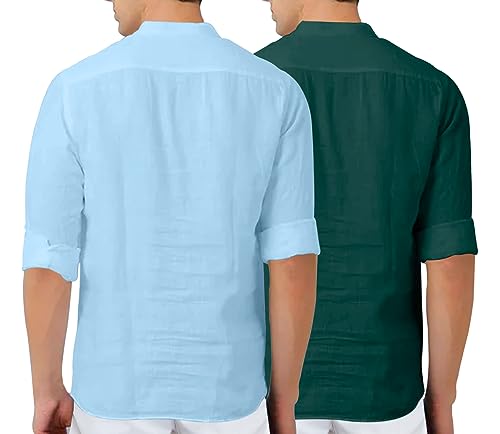 Image of FINIVO FASHION Men's Cotton Blend Solid Full Sleeve Combo Short Kurta Shirt, Regular Fit Solid Pattern Mandarin Collar Straight Kurta Shirt