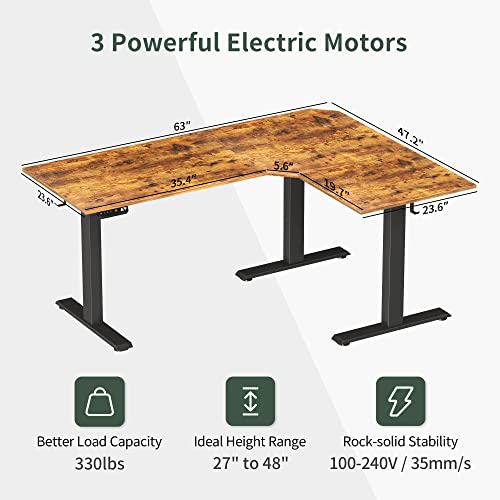 Image of FEZIBO Triple Motor 63 inch L Shaped Standing Desk, Electric Standing Gaming Desk Adjustable Height, Corner Stand up Desk with Splice Board, Black Frame /Rustic Brown Top