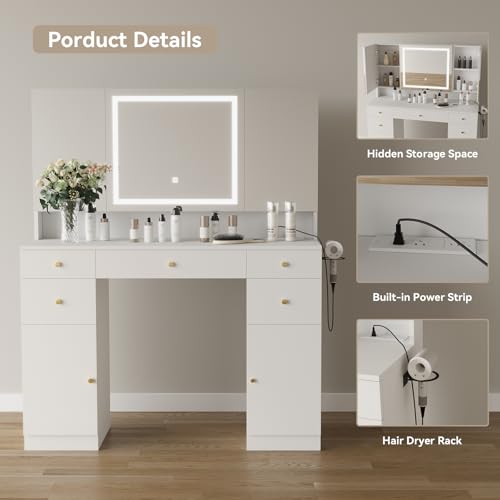 ARTETHYS Vanity Desk with Mirror and Lights White Makeup Table Set with 3 Mirror Cabinets for Women 46’’ Large Dressing Table with Drawers and Charging Station for Bedroom Chair not Included - Thumbnail 6