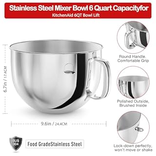 6QT Stainless Steel Mixer Bowl for Kitchenaid Stand Mixers, Kitchen Aid Mixing Bowl for 6QT Lift Mixer with Handle