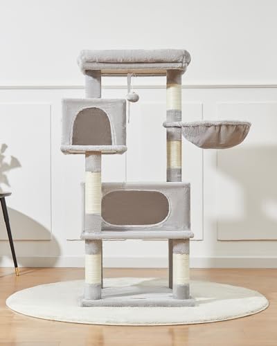 Image of Taoqimiao Cat Tree, 49In Cat Tower for Indoor Cats Large Adult | 2 Luxurious Cat Condos, Thick Padded Top Perch, Adjustable Hanging Baskets, 5 Scratching Sisal Posts, Light Gray MS029LW