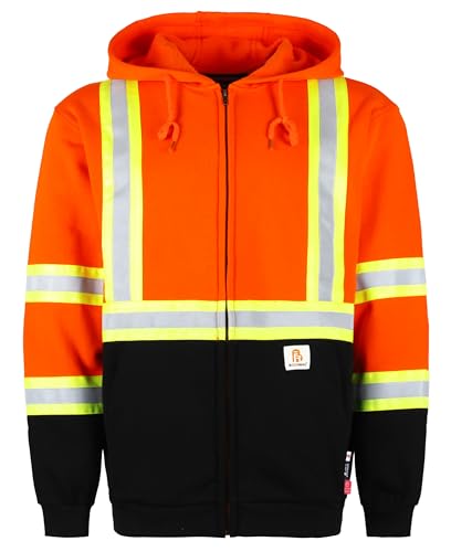 BOCOMAL FR Hoodies High Visibility 10.5oz Cottion Fleece Zipper Hi Vis Flame Resistant Reflective Hooded Sweatshirts