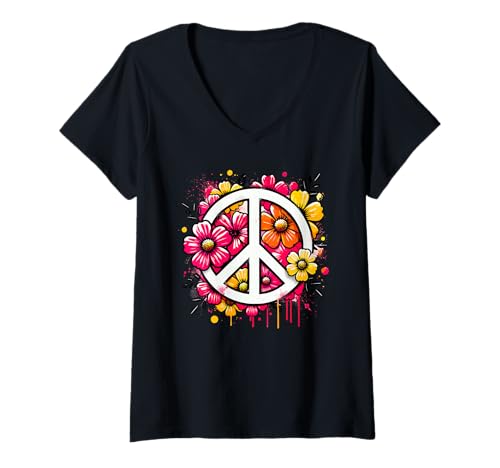 Mujer Peace Flower Power, Signo de la paz, 70s 60s, Chicas, Flores Camiseta Cuello V