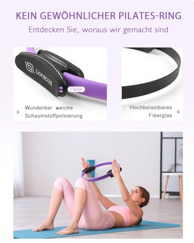 LIONSCOOL Pilates-Ring-Set – 14“/35cm Magic Circle mit Doppelgriffen – Inkl. platzfestem Miniball, Widerstandsbändern, Anleitung und Tasche (Lila)