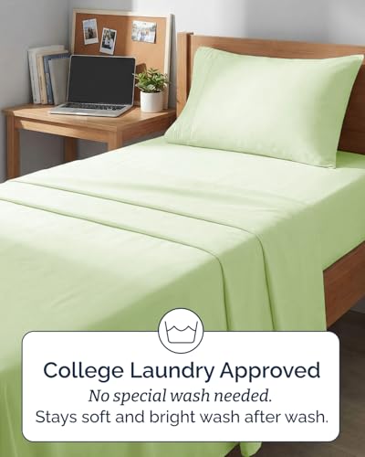 Image of Twin XL 4 Piece Sheet Set - College Dorm Room Essentials - Light Sage | Ultra Soft Dorm Bedding Set, 8 inch to 16 inch Inch Deep Pockets, 1 Flat & 1 Fitted Sheet & 2 Pillowcases, Wrinkle & Fade Free