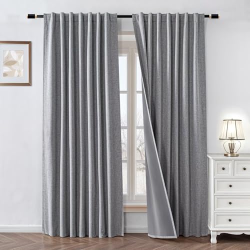 100% Blackout Curtains 96 inch Length 1 Panel Faux Linen Long Drapes for Bedroom Living Room Black Out Room Darkening Curtain Thermal Insulated Back Tab Rod Pocket(W70 x L96, Light Grey)